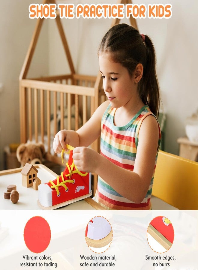 FLATRI Shoe Tying Practice for Kids, Red Shoe Tie Practice for Kids Threading Lacing Shoes Training, Wooden Learn to Tie Shoes Basic-Life-Skills - Image 3
